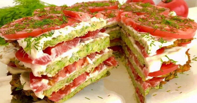 Сочный кабачковый торт с помидорами: готовим оригинальную летнюю закуску из овощей