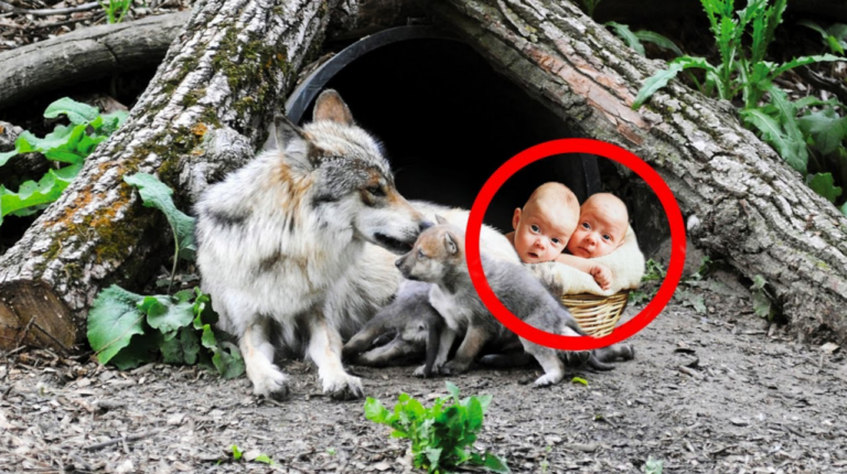 2 младенца прилежно лежали среди волчат, а мама-волчица кормила всех по очереди