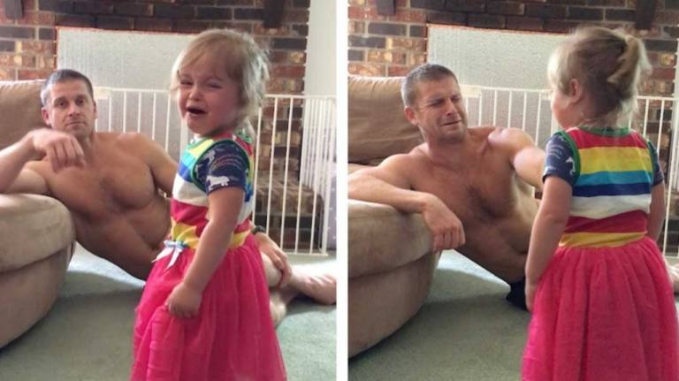 Девочка плакала, но гениальный папа нашел забавный трюк, как быстро успокоить доченьку