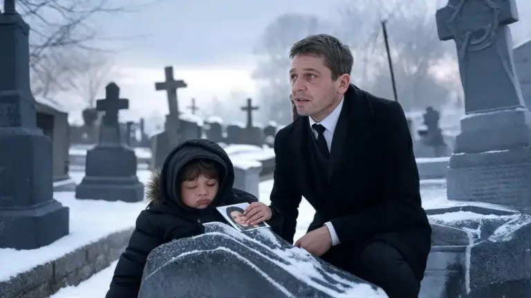 The millionaire came to his wife’s grave — but instead, he froze! A small boy sat beside the headstone, wrapped in a thin jacket, arms around his knees… “Are you lost?” – the man asked. The boy looked up — tear-streaked, solemn… “NO. I CAME TO SEE MY MOM”… Then, with one small hand, he pointed to the name carved in stone. And in that moment, everything collapsed…