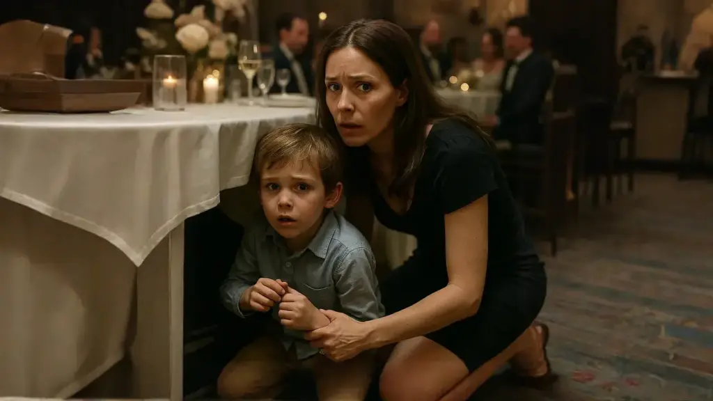 I was sitting quietly at a table with my 5-year-old son at my sister's wedding... Suddenly, he grabbed my arm and whispered – "Mom… let's go home right now!" I asked, "what's wrong?" He trembled and said – "You didn't look under the table… did you?"... I slowly bent down to peek underneath and I froze. I grabbed his hand… and silently stood up!