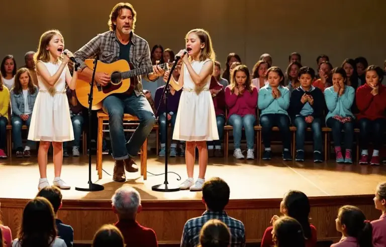 It was supposed to be a joke – two poor twin girls pushed onto a school stage just to be laughed at! But when they opened their mouths, silence fell… And a single dad's quiet life will never be the same again!