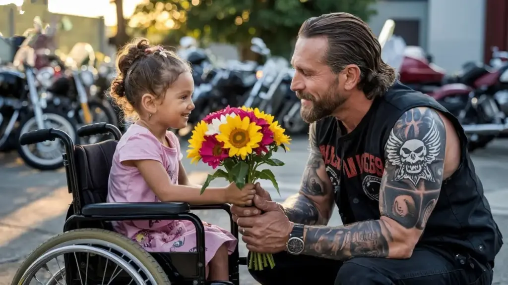 Paralyzed Little Girl Gives Flowers to a Hells Angel! The Next Day, 200 Bikers Brought Her To School...