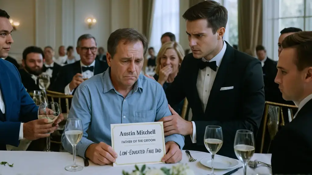 I attended my son's wedding as a proud single dad — but my nameplate read "Low-Educated Fake Dad!" The bride's family laughed… until my son said, "Dad, let's…"