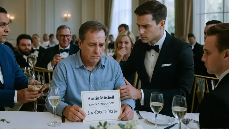 I attended my son's wedding as a proud single dad — but my nameplate read "Low-Educated Fake Dad!" The bride's family laughed… until my son said, "Dad, let's…"