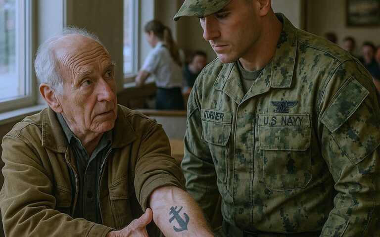 They treated him like just another tired customer. Then a young officer walked in, froze at the sight of the tattoo on his arm, and addressed him with a respect the entire diner wasn’t prepared for