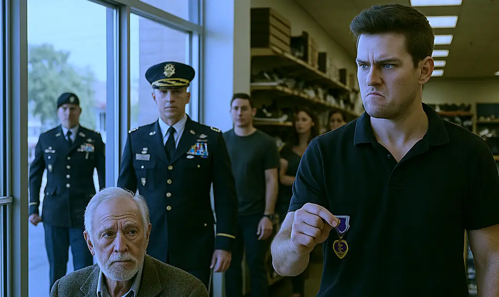 A clerk grabbed the veteran’s medal and tore it from his jacket, dismissing him in front of everyone. Five minutes later, the doors opened — and his son walked in wearing full uniform, and the entire room fell silent