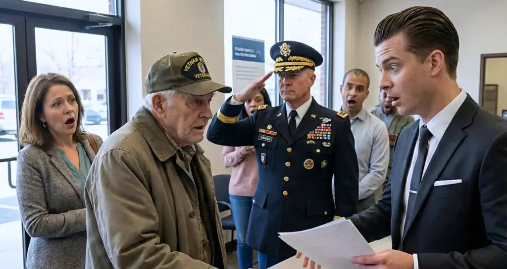 Sie hielten ihn in der Bank für einen falschen Veteranen – bis ein General hereinkam, ihn sofort erkannte und die Wahrheit, die dann folgte, alle in der Lobby fassungslos machte.