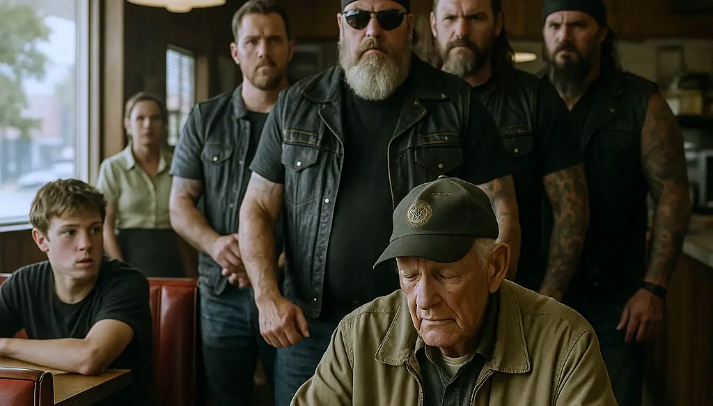 People laughed when they mocked the old veteran! But when five bikers walked in and stood behind him, the entire room understood they’d chosen the wrong man to disrespect