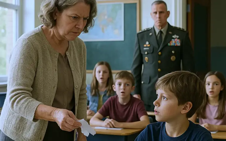 The teacher mocked the quiet boy for saying his father had a high-ranking job! Moments later, when a four-star general stepped into the room asking for him… every student froze