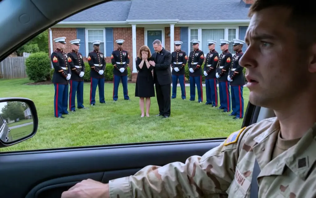 Der Soldat kam nach Hause und erstarrte, als er seine Frau vor ihrem Haus von 10 Soldaten umringt sah.