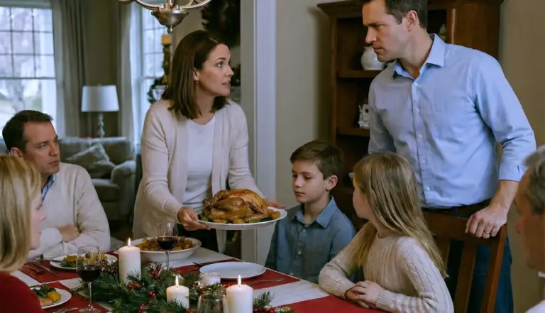 At Christmas dinner, my mom placed plates for everyone except my daughter. When I asked why, she said there “wasn’t enough” since my child had “upset the favorite.” I said nothing — but a few minutes later, the entire table went quiet