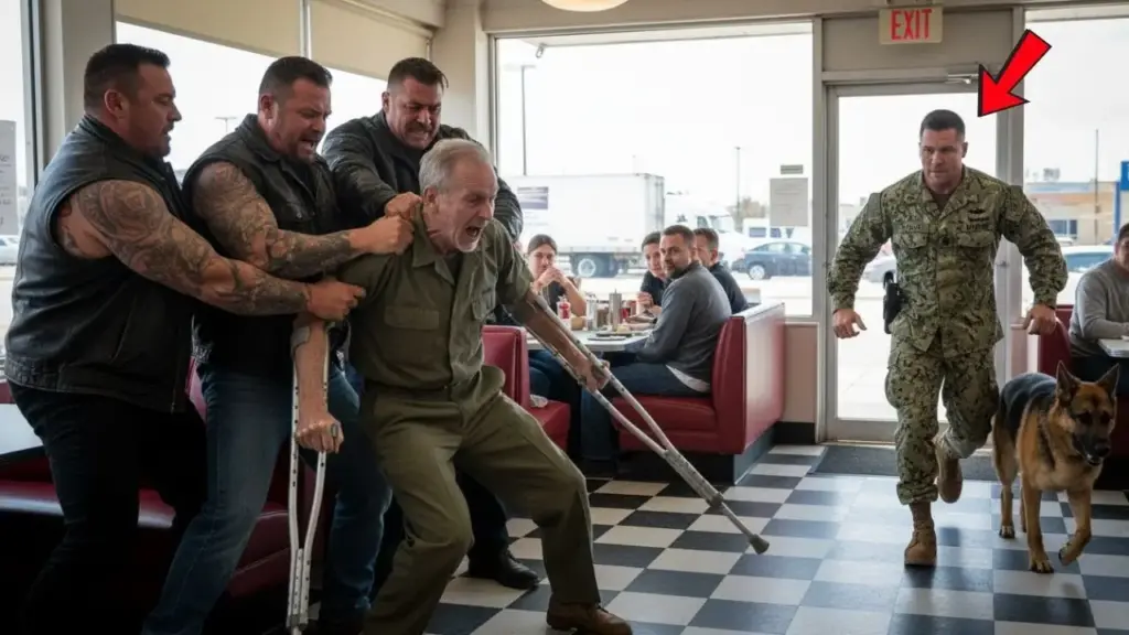 Three thugs kicked a disabled veteran in a diner — until a SEAL and K9 operative walked in
