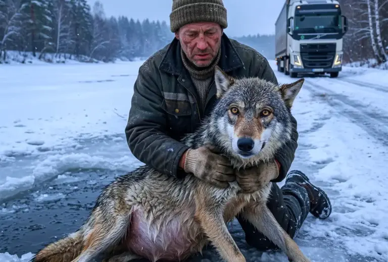 Не раздумывая ни минуты, дальнобойщик вытащил из ледяной воды беременную волчицу! Он даже не догадывался, какой будет благодарность…