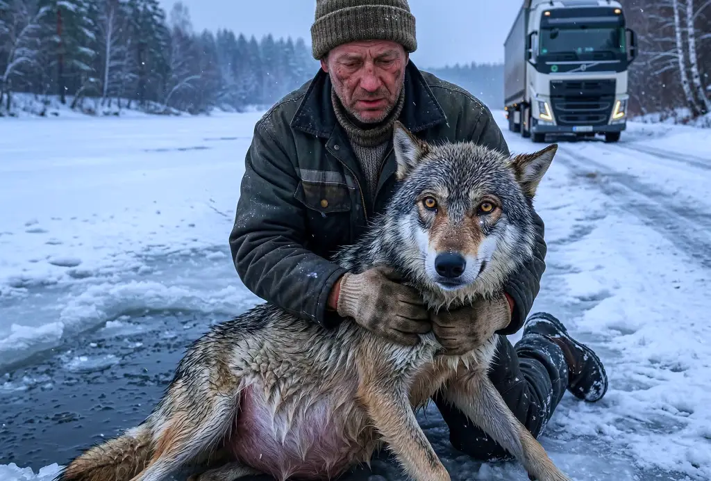 Не раздумывая ни минуты, дальнобойщик вытащил из ледяной воды беременную волчицу! Он даже не догадывался, какой будет благодарность…
