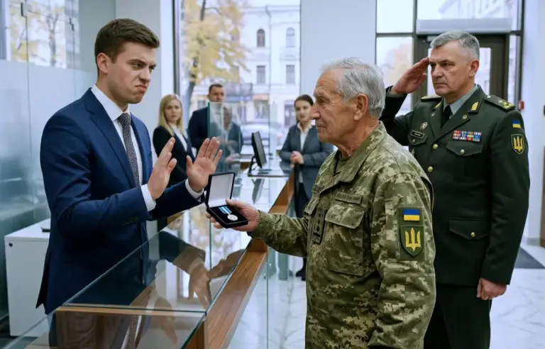 Менеджер поднял на смех пенсионера в старой потёртой куртке! Его самоуверенная улыбка мгновенно исчезла, когда генерал-майор заставил весь банк встать по стойке смирно…