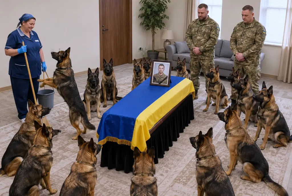 12 бойових псів навідріз відмовилися відходити від труни. Офіцери завмерли, коли до них раптом підійшла звичайна прибиральниця…