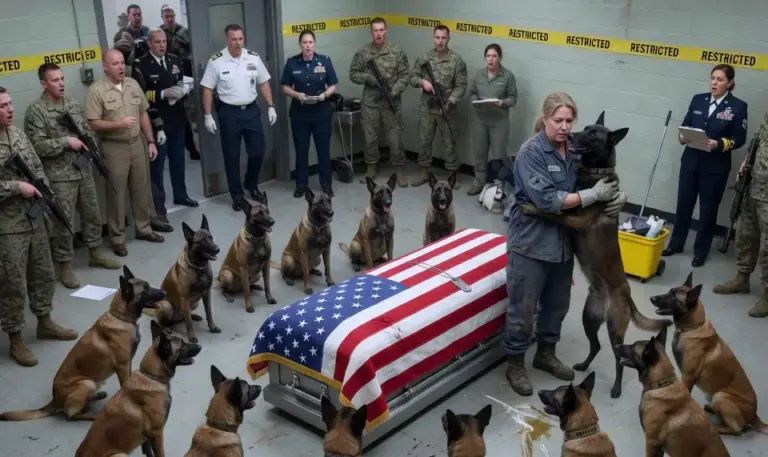 12 Military Dogs Refused to Leave a Fallen Hero's Casket! When the Base Janitor Walked In, Everyone Realized Their Fatal Mistake...