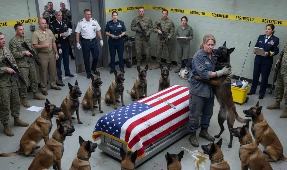 12 Military Dogs Refused to Leave a Fallen Hero's Casket! When the Base Janitor Walked In, Everyone Realized Their Fatal Mistake...