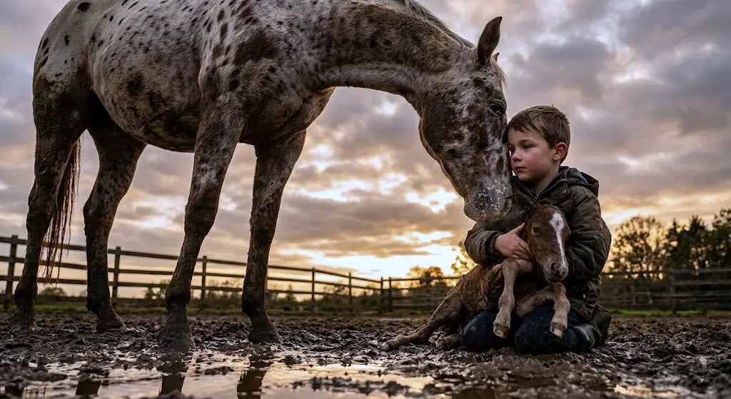 Everyone called the scarred mare dangerous… until a grieving boy stepped into her paddock during a storm and found what she had been protecting