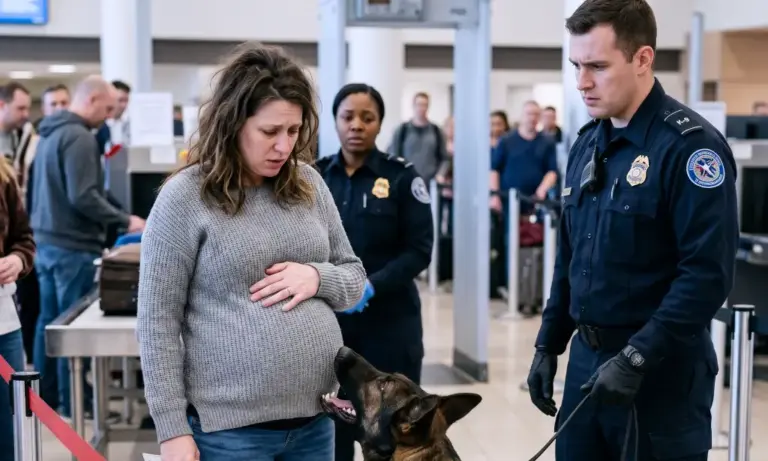 A K-9 Barked at a Pregnant Woman in the Airport Line! Everyone Thought She Was Hiding Something — Until His Handler Noticed Where the Dog Was Looking...