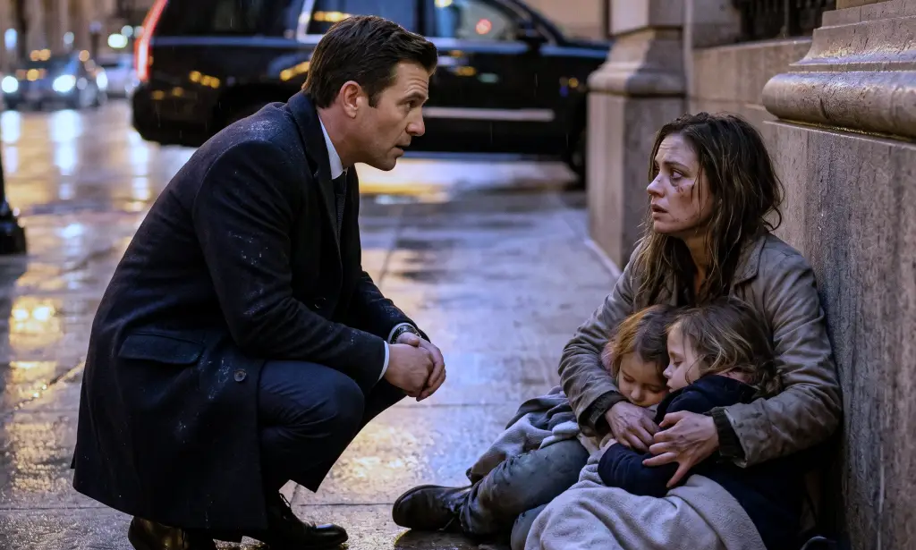 A millionaire stopped for a homeless mother and her twins—then recognized the girl who once made him feel invisible