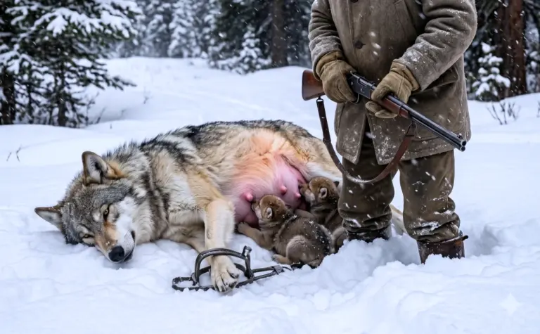 He Raised His Rifle at the Trapped Wolf—Then the Snow Under Her Belly Moved