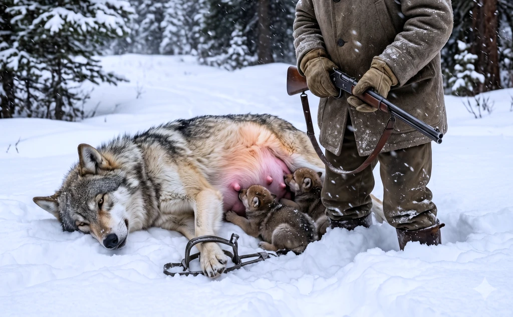 He Raised His Rifle at the Trapped Wolf—Then the Snow Under Her Belly Moved