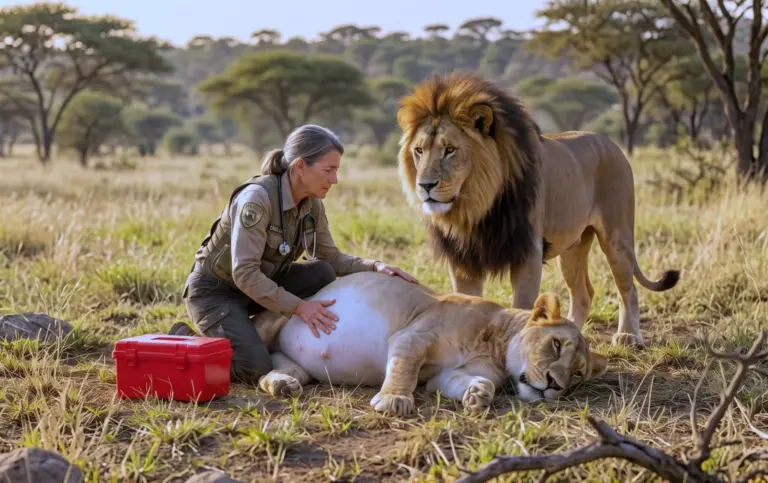 She risked her life to kneel beside the fiercely guarded lioness. One touch of the exhausted mother's belly revealed a dark truth the humans had completely missed