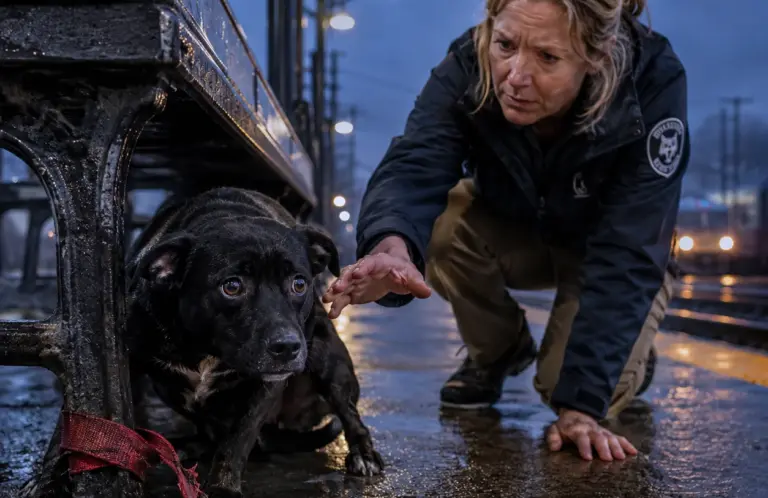 Every evening, the black dog waited for the 6:17 train! Until a rescuer reached under her bench and found the torn red leash she wouldn’t let anyone touch...