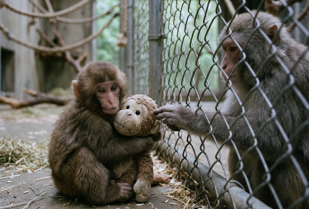 The baby monkey had been rejected by his own mother! So he clung to a stuffed one instead — until the oldest female in the next enclosure reached through the fence...