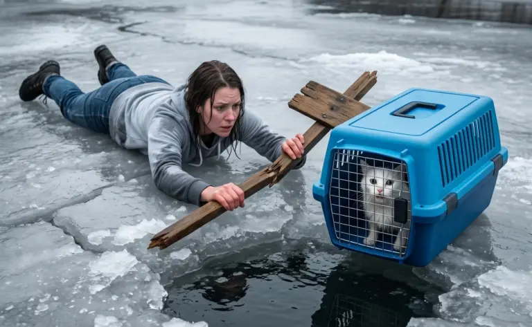 She crawled across the freezing river to rescue a trapped animal! But the real shock came when the vet scanned the microchip and exposed exactly who left him there...