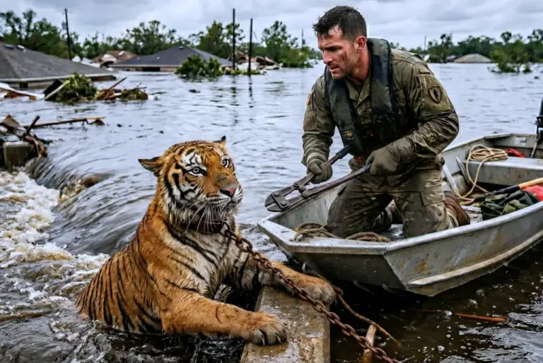 The sheriff ordered him to leave the tiger to the flood! Then the soldier saw the chain around its neck...