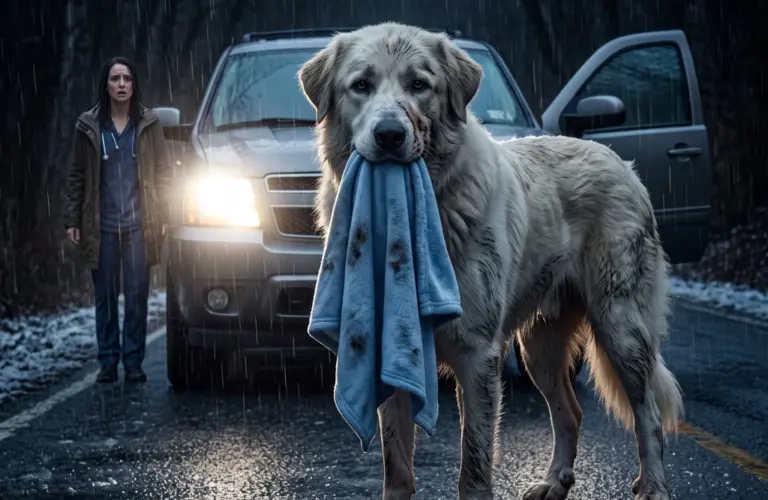 A Dog Walked Out of the Freezing Rain Carrying a Baby Blanket