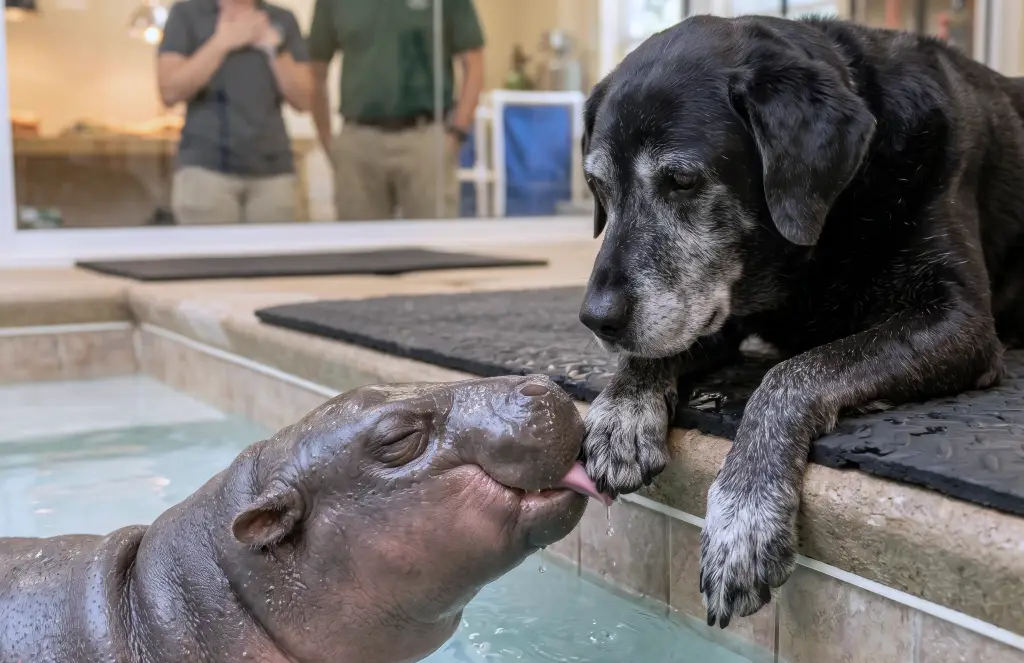 A blind baby hippo had stopped eating! Then an old black Lab walked ...