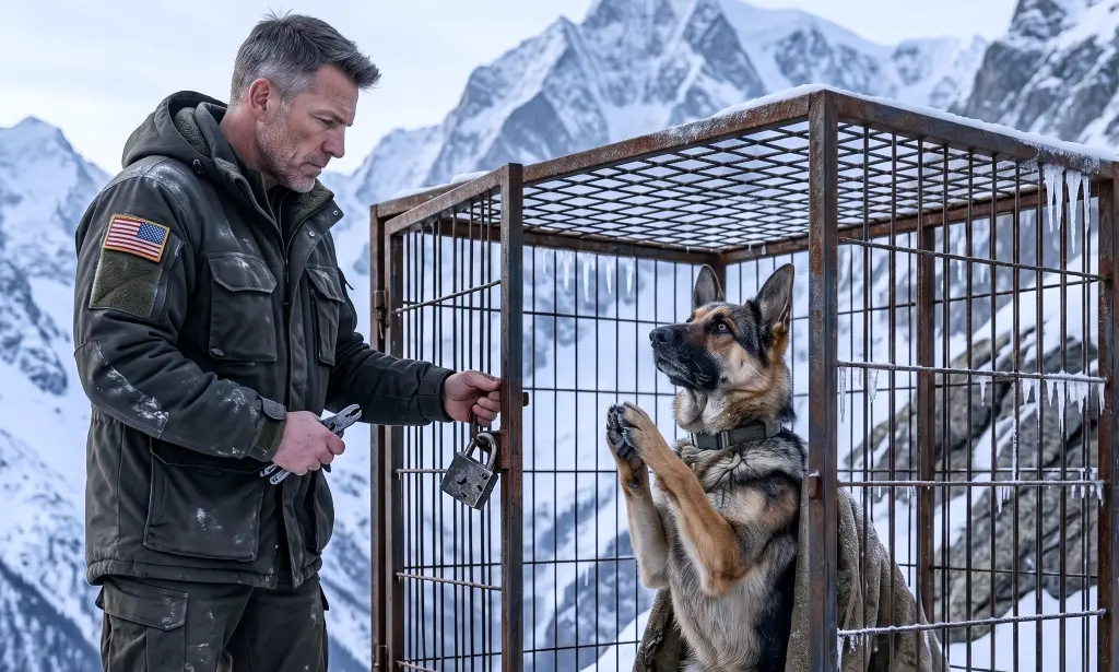 He thought he was checking out illegal logging in the Idaho mountains—until he found a German Shepherd locked in a frozen cage, staring at him like it had been waiting for exactly one person