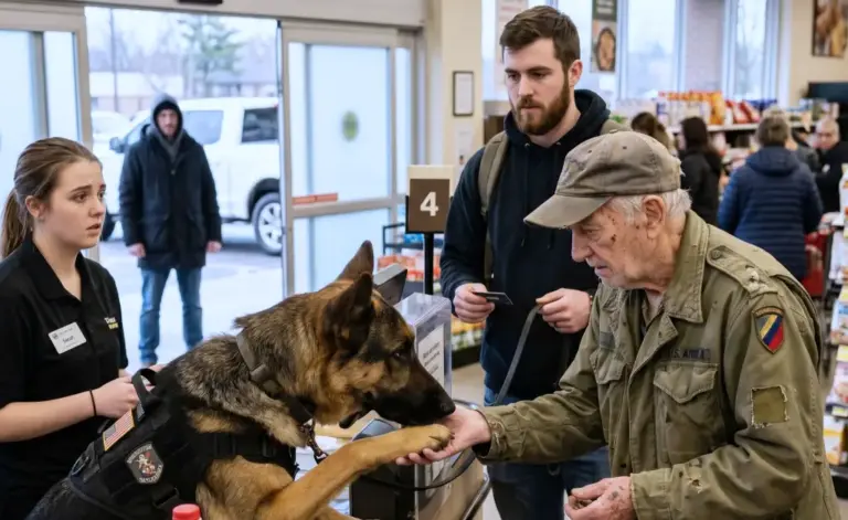 An old veteran was $3.86 short for bread and milk! Then the Marine’s German Shepherd touched his shaking hand—and stared past the cashier at the man waiting outside...