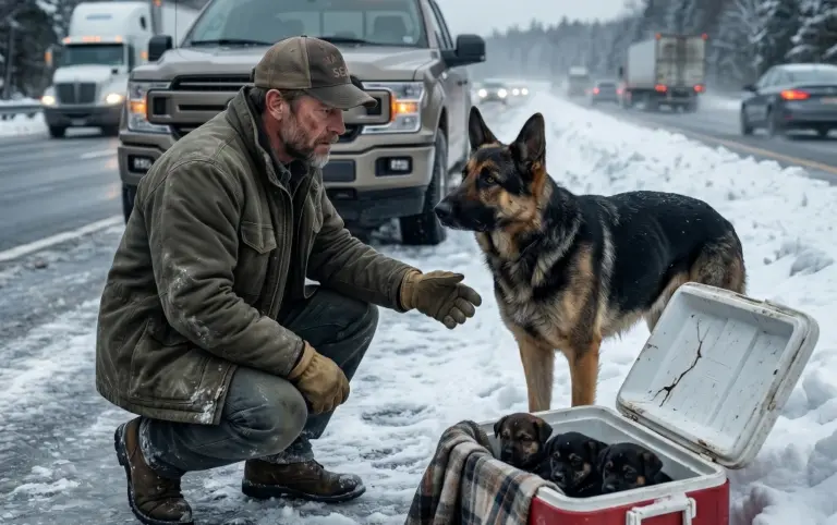Everyone Drove Past the Starving Shepherd and Her Puppies—Until One Man Noticed the Rope Mark on Her Neck
