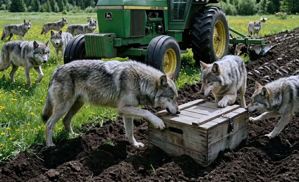 A quiet farmer saw wolves circling a wooden crate at the edge of his field — but the strangest part was that they seemed to be waiting for him