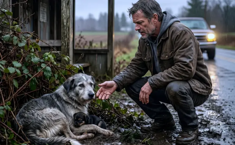 He rescued an old dog from a bus shelter! Then a boy came with a photo—and the dog froze when a blue pickup rolled into the yard...