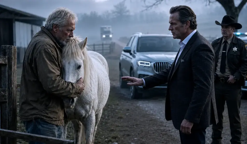 The broke old farmer bought the dying mare for $200. Then the millionaire arrived with a sheriff—and the horse hid behind the old man like she knew exactly who had hurt her