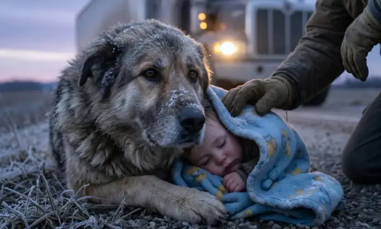 A lonely trucker almost passed the starving dog in the storm—then his headlights caught what the animal was hiding under its body...