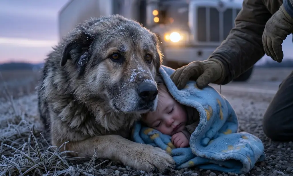 A lonely trucker almost passed the starving dog in the storm—then his headlights caught what the animal was hiding under its body...