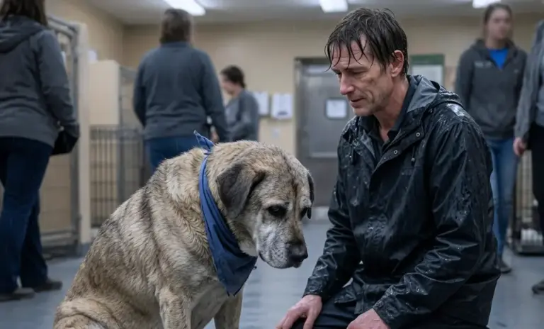 All day, the old rescue dog watched families pick younger puppies. When the doors finally locked, he gave up and faced the wall. Then, a stranger walked in from the rain and sat silently on the floor...