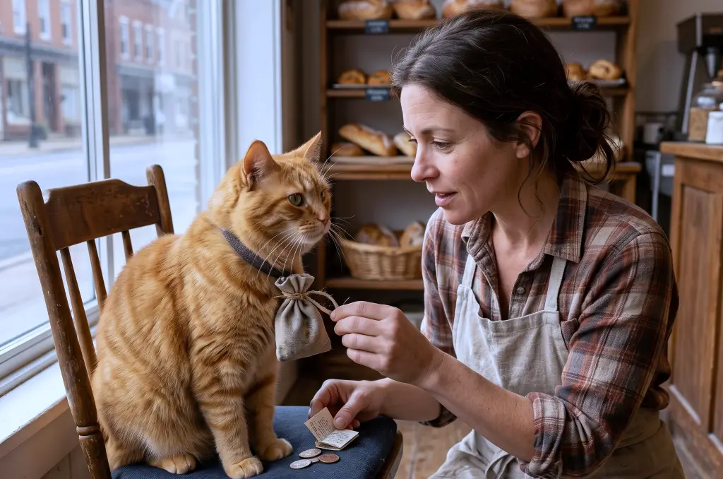 Every morning, the same orange cat took the same seat in her bakery… but the day she noticed the little bag on his collar, she realized he hadn’t come for food at all.