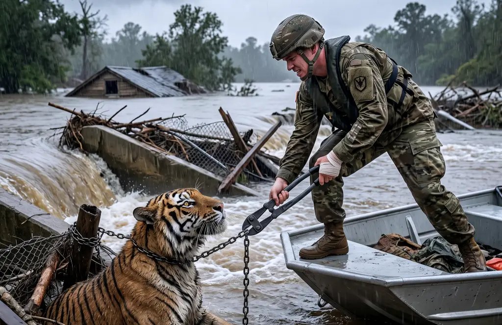 The Sheriff Ordered Him Not to Touch the Drowning Tiger! But When the Soldier Saw the Chain Around Its Neck, He Knew the Storm Had Exposed More Than a Rescue...