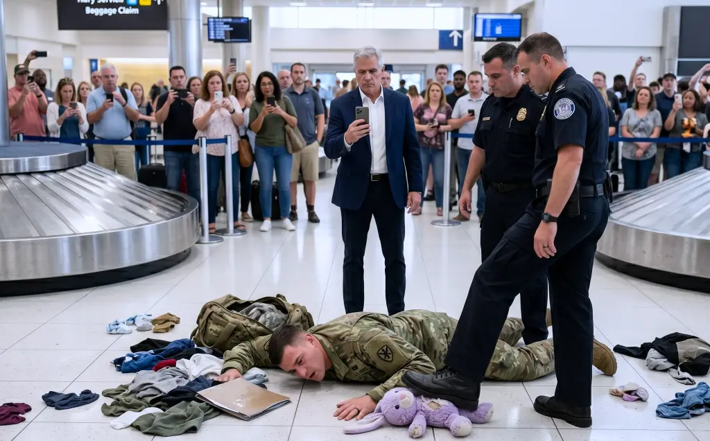 They forced a returning soldier onto the airport floor! They never noticed the quiet man in the navy blazer recording every second...