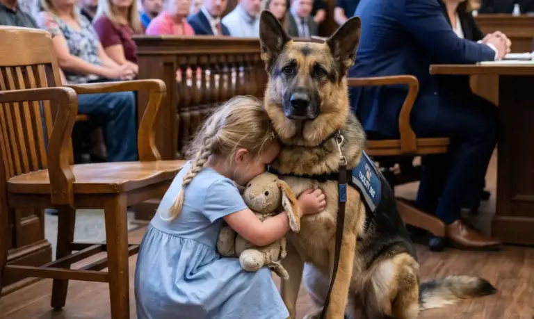 A three-year-old wouldn’t answer the judge, the police, or the prosecutor! But when the German Shepherd sat beside her, she whispered one sentence that made the defense table go still...
