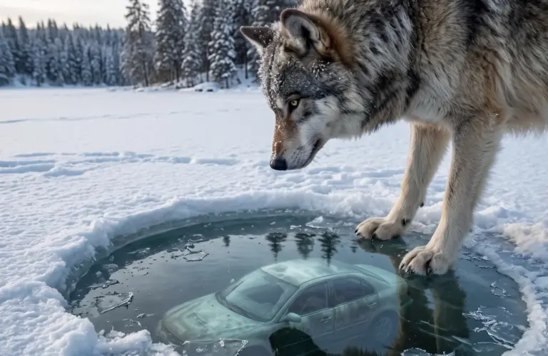 The Wolf Wouldn’t Leave the Frozen Lake—Then Rescuers Heard Tapping Beneath the Snow