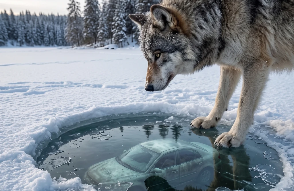 The Wolf Wouldn’t Leave the Frozen Lake—Then Rescuers Heard Tapping Beneath the Snow